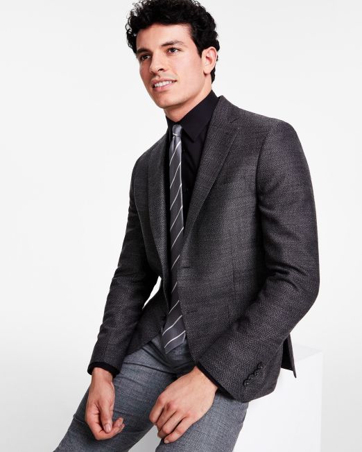 Calvin Klein Men's Slim-Fit Wool Woven Herringbone Sport Coat Charcoal B4HP $375