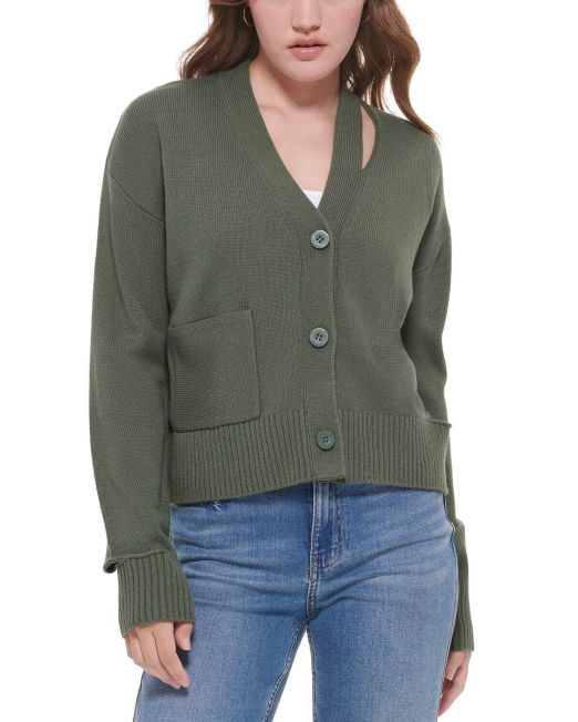 Calvin Klein Women's Cutout V-Neck Cardigan Thyme L B4HP