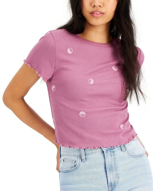 Rebellious One Juniors' Embroidered T-Shirt Butterfly Ying Yang B4HP