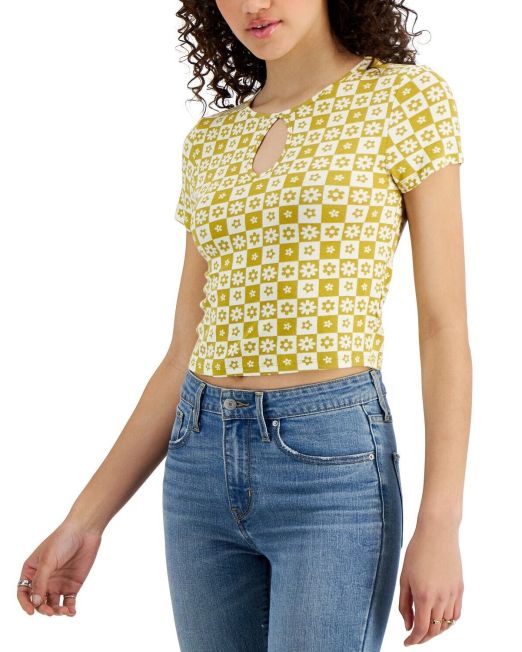 Hippie Rose Juniors' Keyhole T-Shirt Green Check XS B4HP