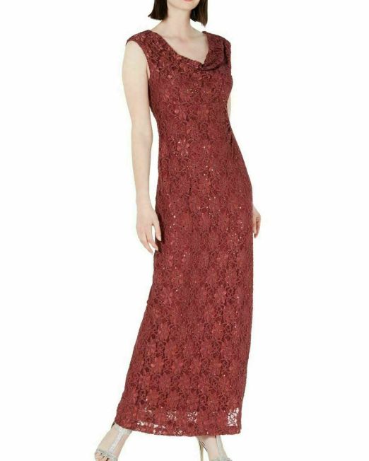 Connected-Apparel-Womens-Sequined-Lace-Cowl-neck-Gown-Size-6-B4HP-114572753601