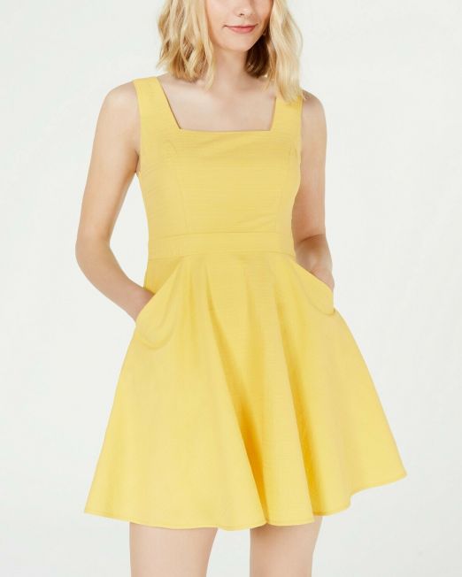 Womens-City-Studios-Juniors-Square-Neck-Woven-Dress-Yellow-with-pockets-114491375231