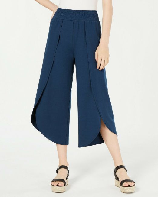 American-Rag-Juniors-Cropped-Knit-Wrap-Pants-Smocked-Elastic-Waistband-Blue-114491327322