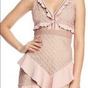 Women Bardot Blush Pink lace Ruffle V-neck Short Dress Fully Lined size 8 B4HP