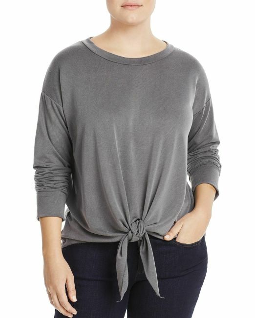 Elan-Womens-Plus-Tie-Front-Crew-Neck-Pullover-Top-Charcoal-114491420245