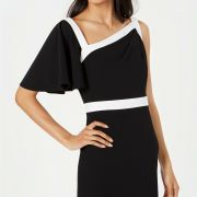 Women's Calvin Klein One-Shoulder Flutter-Sleeve Gown Black/White Size 4
