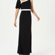 Women's Calvin Klein One-Shoulder Flutter-Sleeve Gown Black/White Size 4