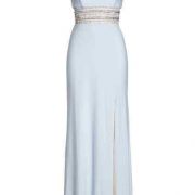 Women XSCAPE Petite Beaded Plunge Gown Dusty Blue Size 10P B4HP