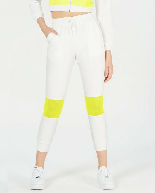 Womens-Juniors-Waisted-Neon-Mesh-Pocket-activewear-Joggers-White-Size-Medium-114491420256