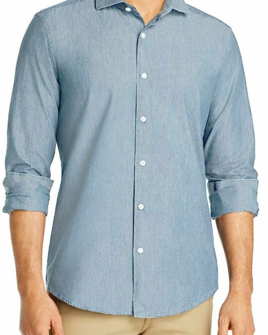 New-Mens-Dylan-Gray-Linen-Cotton-Blue-Chambray-Button-Down-Shirt-S-B4HP-114531827287