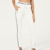 Womens-Juniors-Waisted-Checkered-Varsity-Stripe-Track-Pants-Size-Medium-White-114494612927