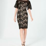 Women Calvin Klein Embellished Lace Sheath Dress Black with Nude lining  B4HP