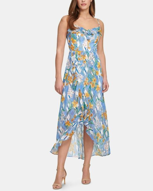 Womens-Kensie-Printed-Ruffle-Trim-A-Line-Dress-Blue-114491317449