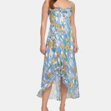 Womens-Kensie-Printed-Ruffle-Trim-A-Line-Dress-Blue-114491317449